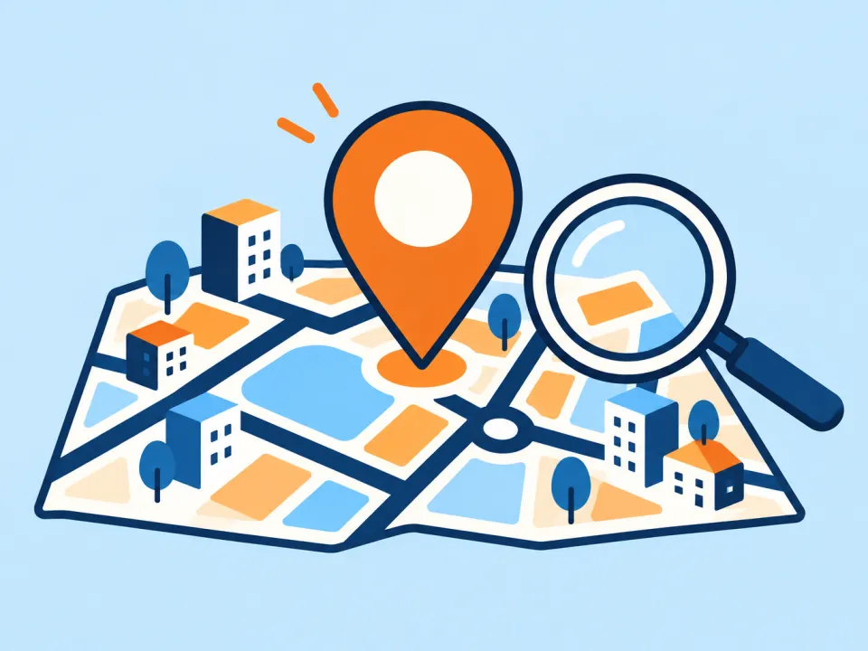 Ilustración de un marcador de mapa sobre un mapa estilizado de la ciudad